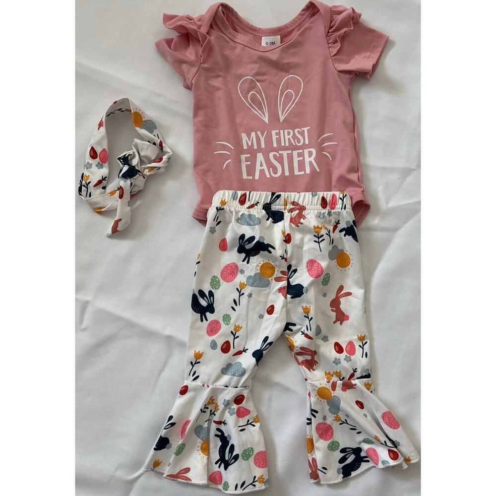 Baby Girl Size 0-3 Month My First Easter Outfit Top, Bell Bottom Pants & Bow